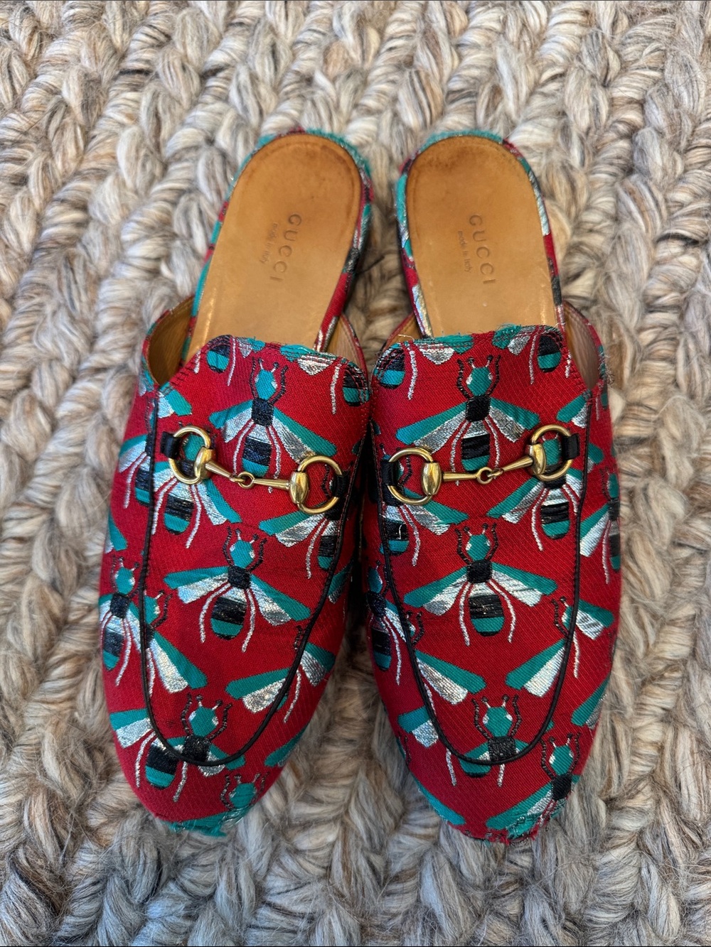 Gucci Red Bee-Print Canvas Horsebit Mules